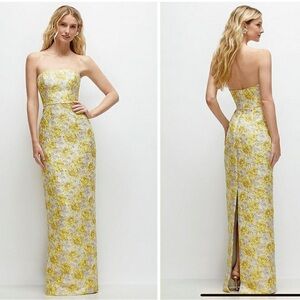 ALFRED SUNG Golden Yellow strapless floral jacquard column dress with back slit